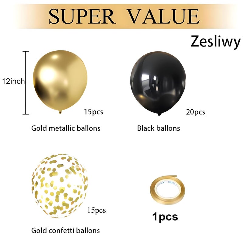 Zesliwy Black and Gold Confetti Balloons, 50 Pack Gold Metallic and Black Latex Balloons for Birthday Graduation Annivesary New Year Party Decorations. - Image 2